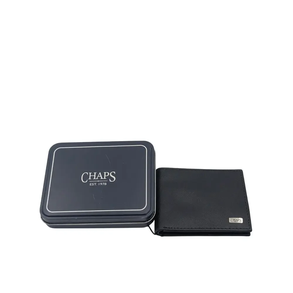 Chaps Men’s Black Leather Wallet RFID Blocking Traveler Bifold NWT